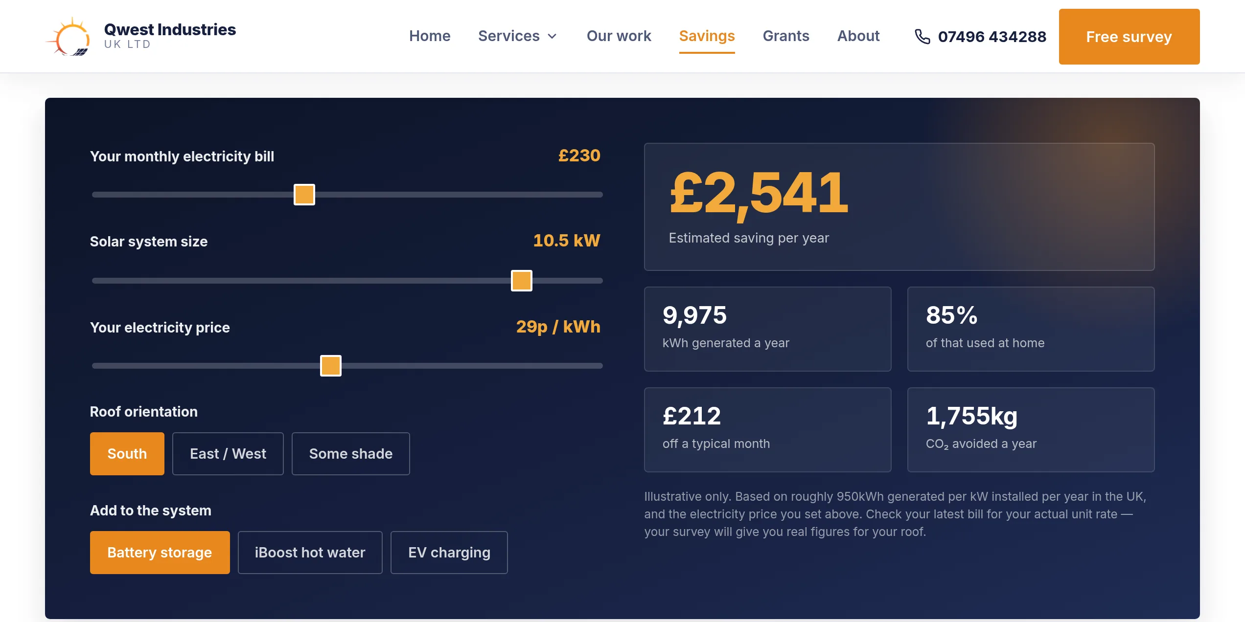 Qwest Industries UK savings calculator with sliders for bill, system size and unit rate, and a live estimated annual saving