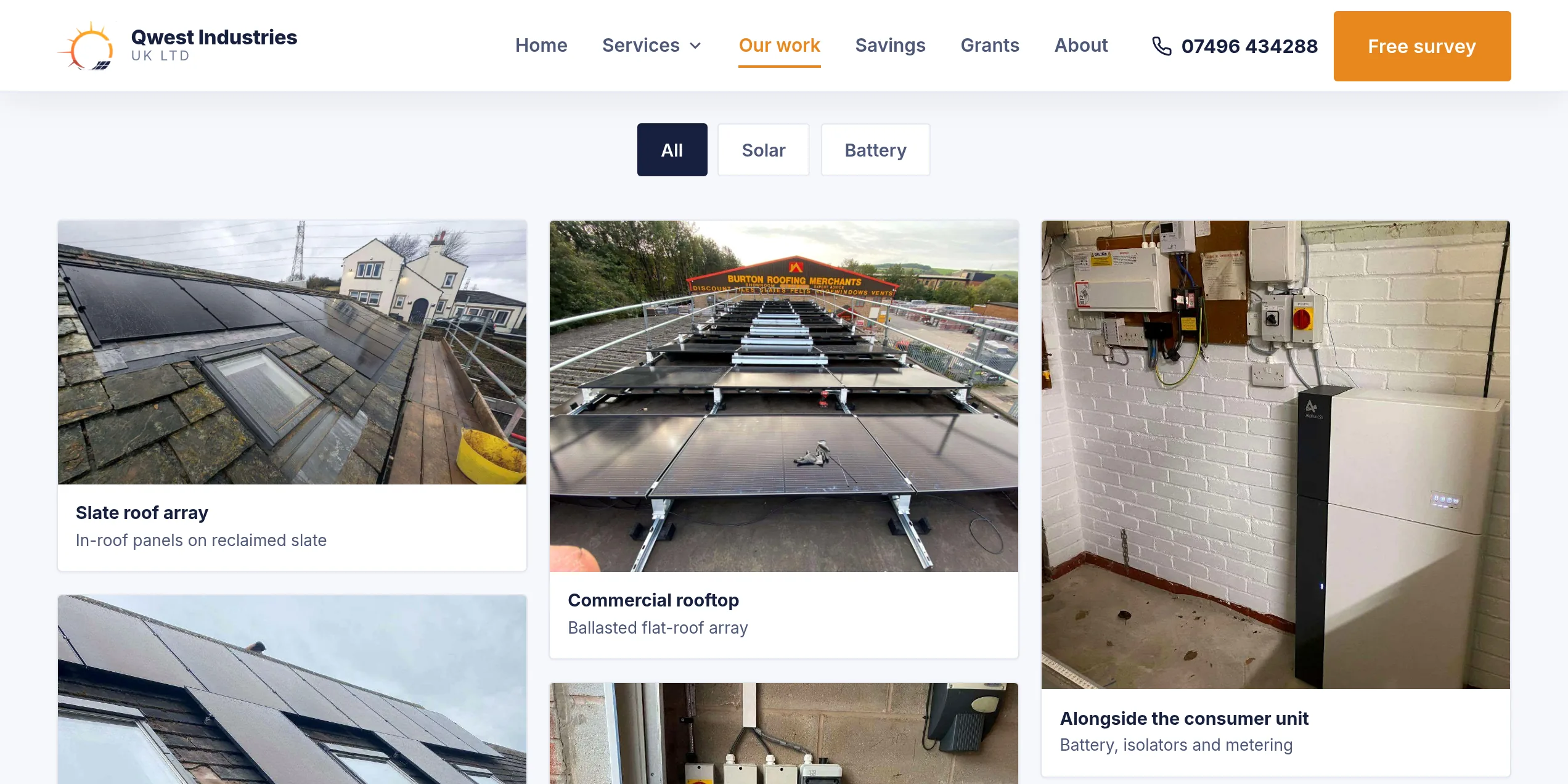 Qwest Industries UK recent installations gallery showing real solar and battery installs with solar and battery filters